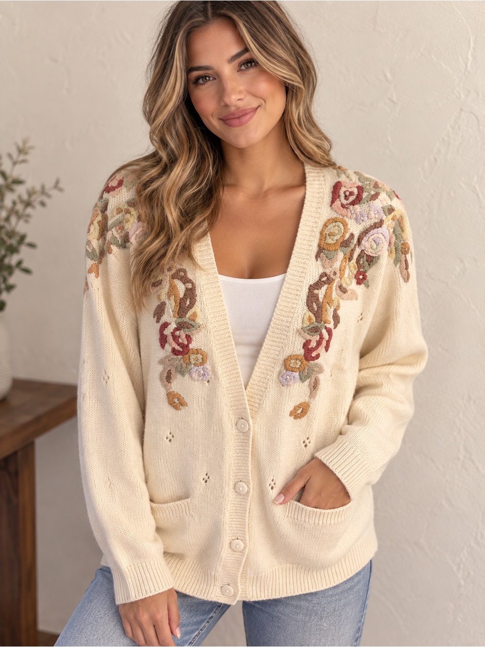 Cream Floral Embroidered V-Neck Button Front Cardigan Sweater vintage 1990